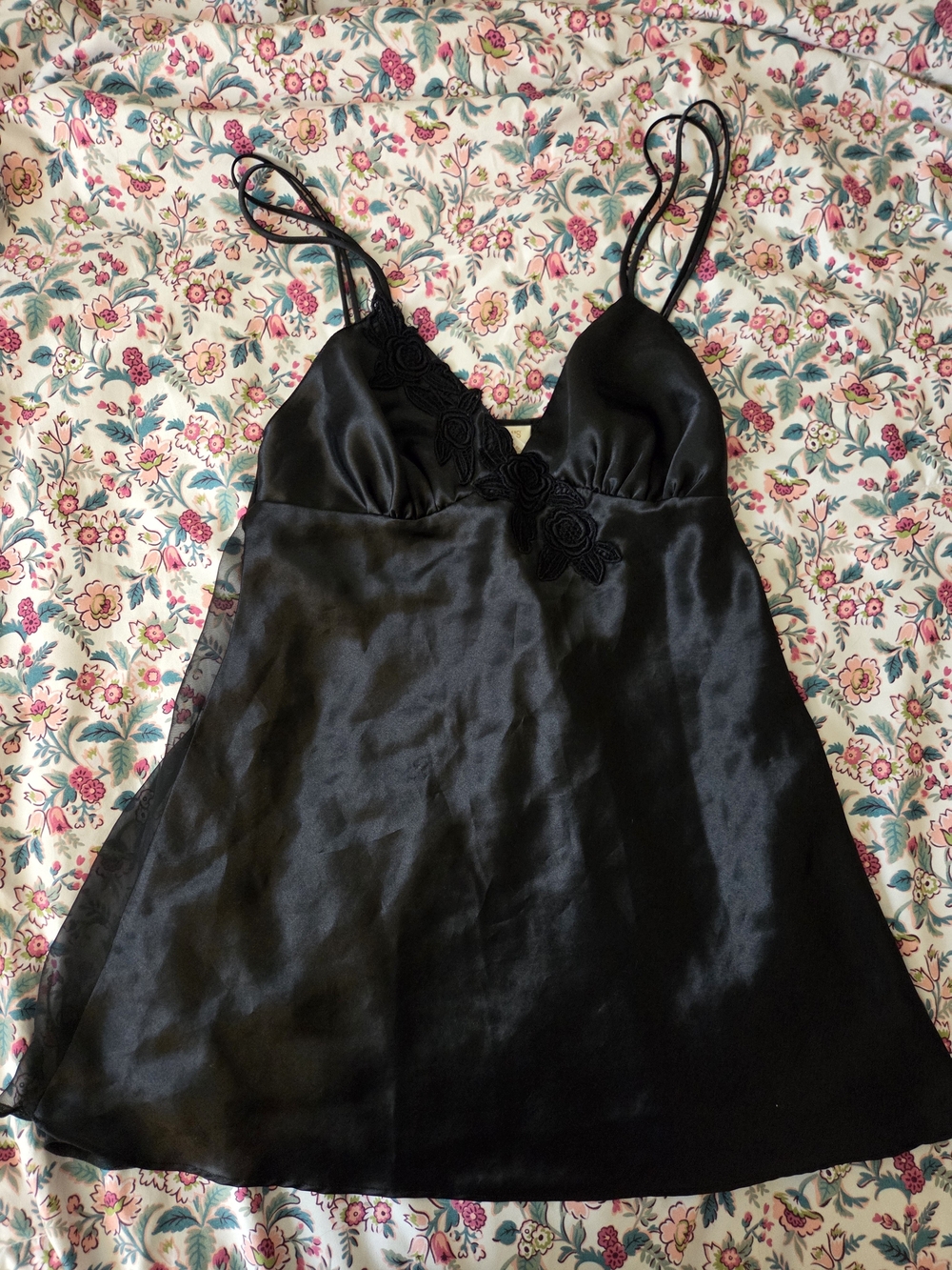 Gold Label Victoria's Secret Black Satin Lace-Accent Slip Dress